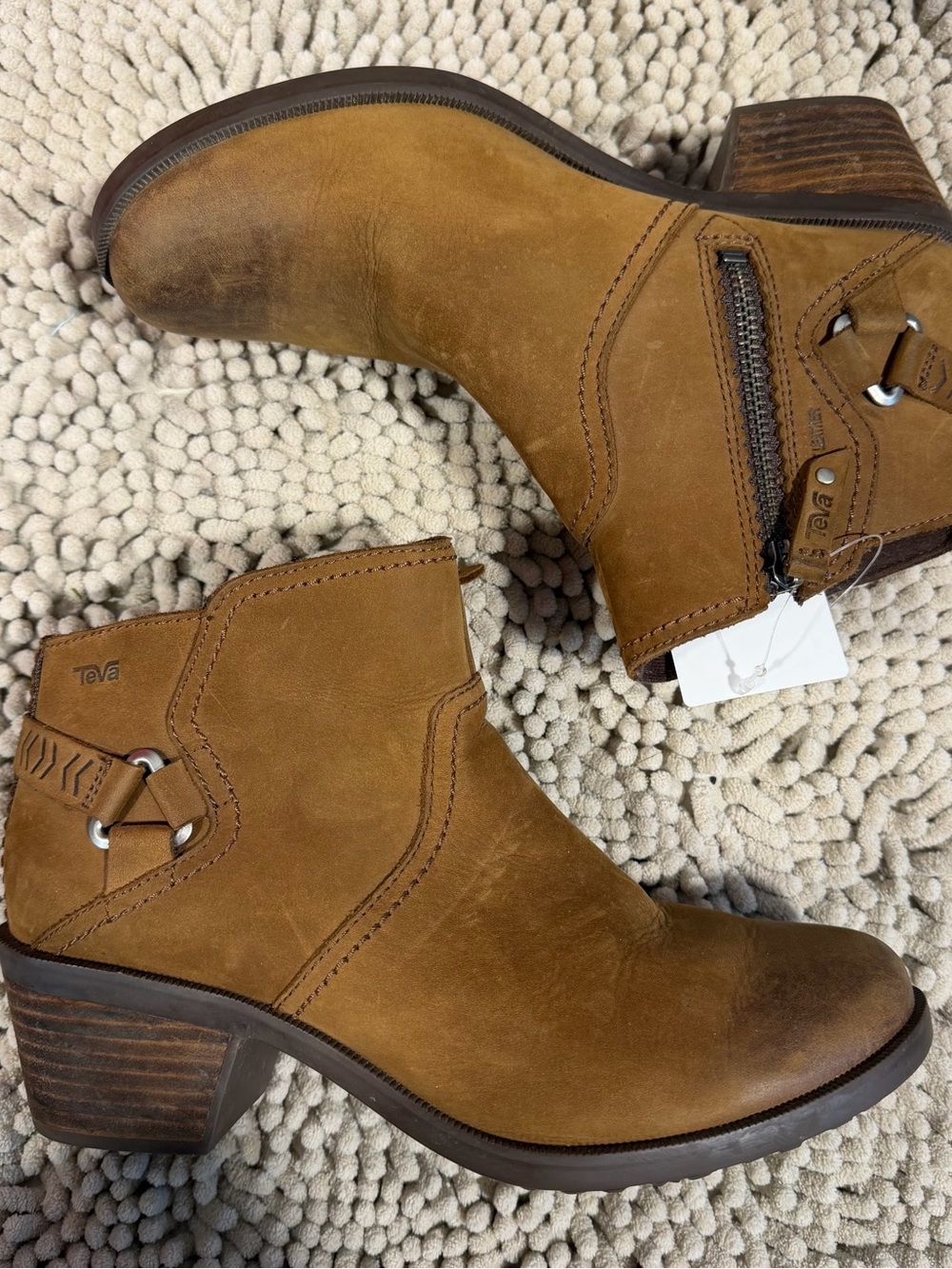 Teva Women's Tan Leather Ankle Booties with Stacked Heel